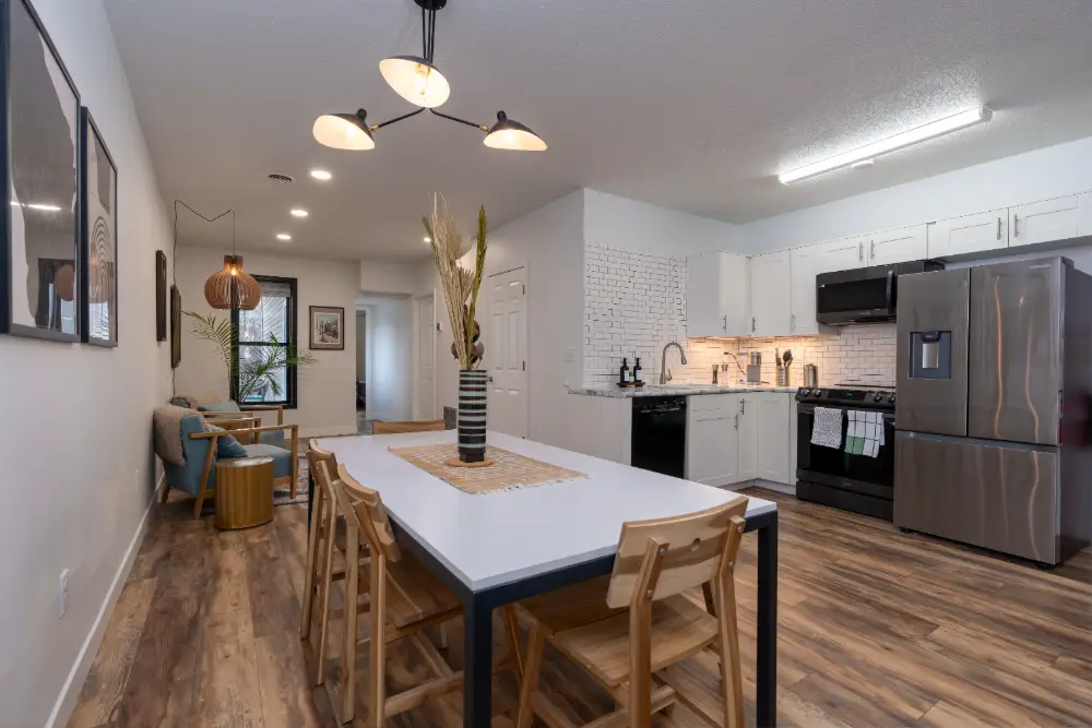 Dining table and kitchen